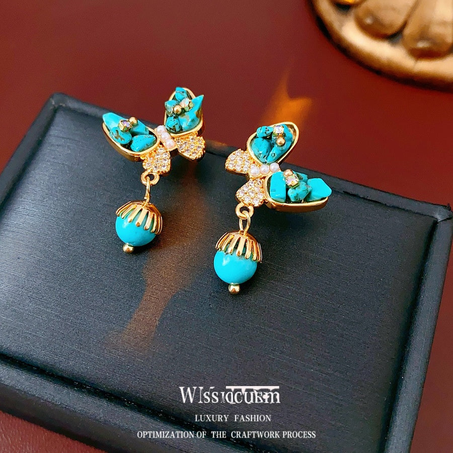 Wholesale Gold Plated Turquoise Butterfly Earrings Vintage Ethnic Style Fashion Accessory