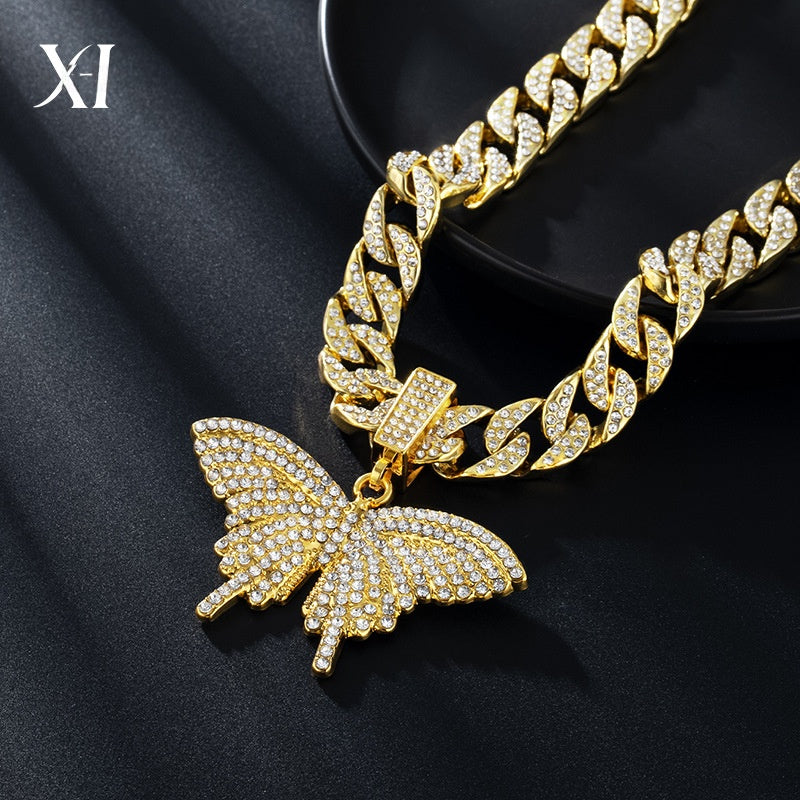 Wholesale Diamond Finish Alloy Butterfly Cuban Necklace - Fashion Jewelry Accessory,  Gift or Resale Boutique