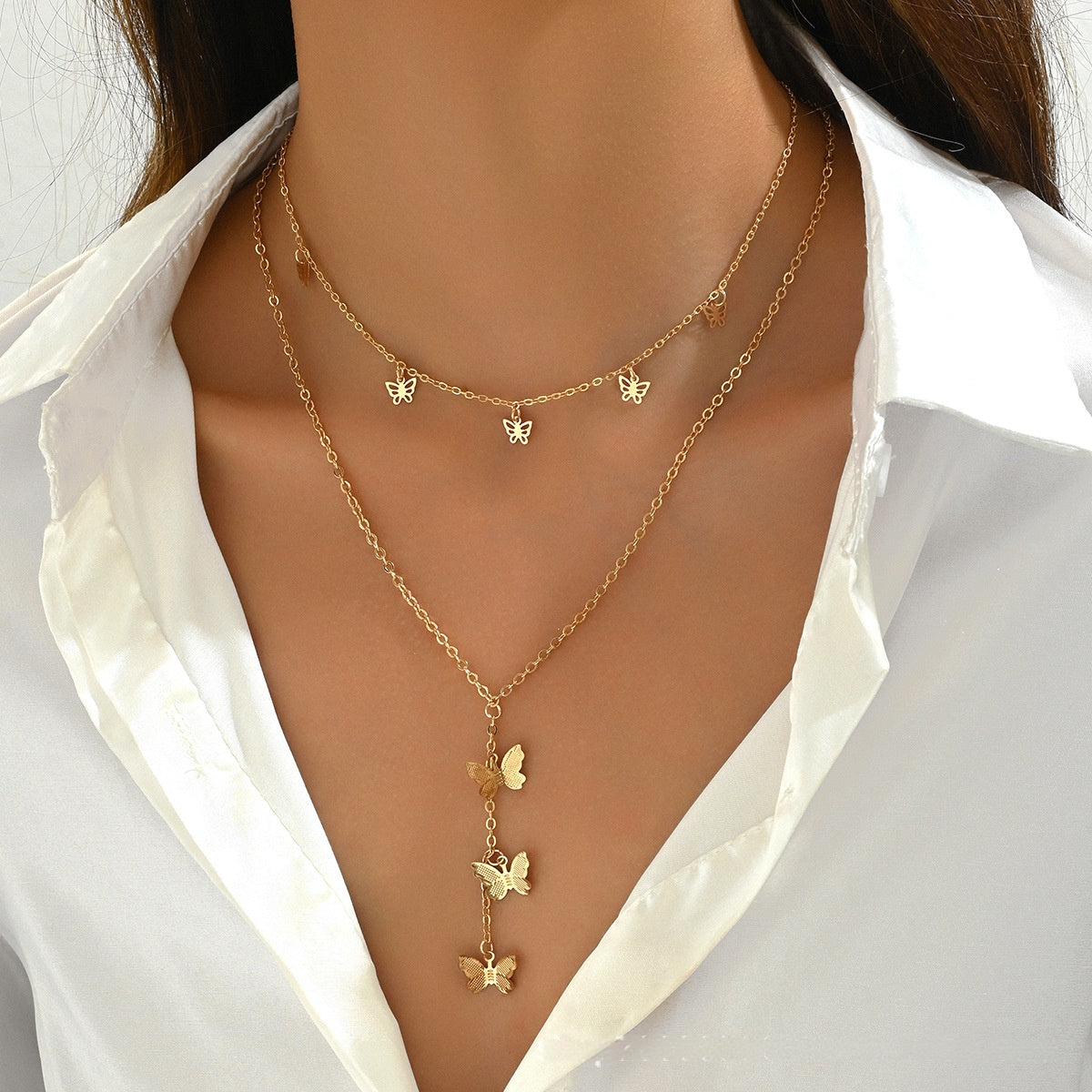 Wholesale Electroplated Iron Double-Layer Butterfly Pendant Necklace,  Trendy Layering Jewelry for Women Everyday Fashion