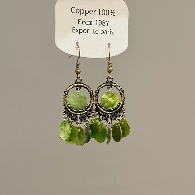 Wholesale Vintage Green Geometric Tassel Earrings Electroplated Mixed Material Jewelry Accessory