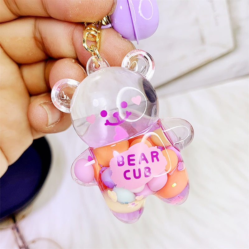 Wholesale Cute Doodle Bear Keychain Acrylic Pink Liquid Filled Car Key Accessory Boutique Resale