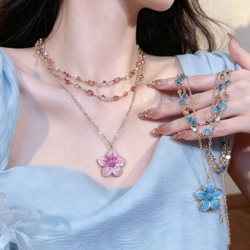 Wholesale Seaside Vacation Multi Layer Blue Flower Necklace Chic Fashion Accessory Gift Boutique Resale