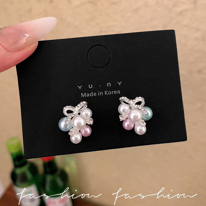 Wholesale Korean Style Colorful Pearl Grape Cluster Bow Earrings Summer Sweet Fashion Jewelry Accessory For Party Gift