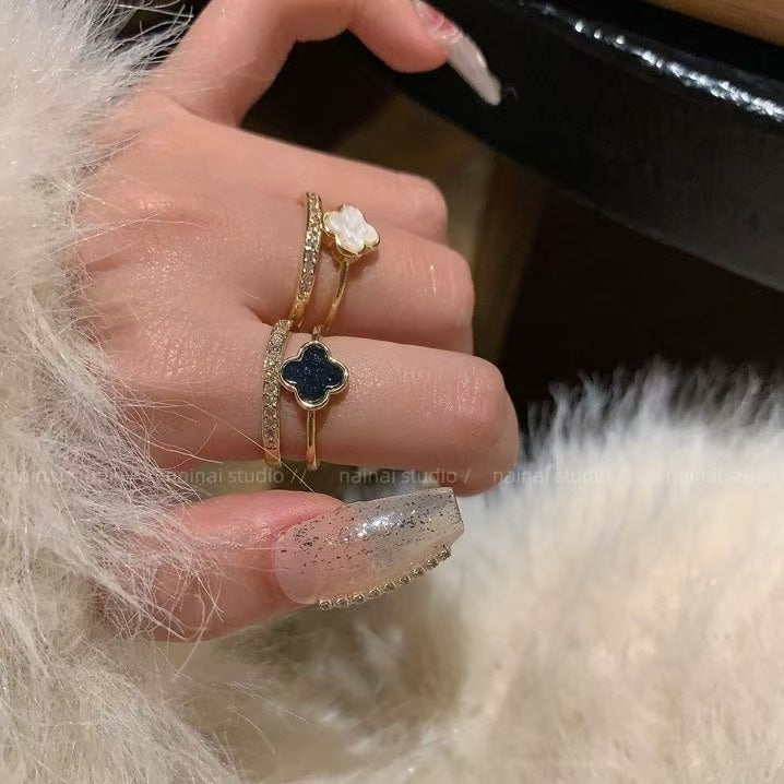 Wholesale Alloy Double Layer Open Four Leaf Clover Ring Black Drip Glaze Electroplated Finish Stylish Women S Everyday Wear Fashion Accessory