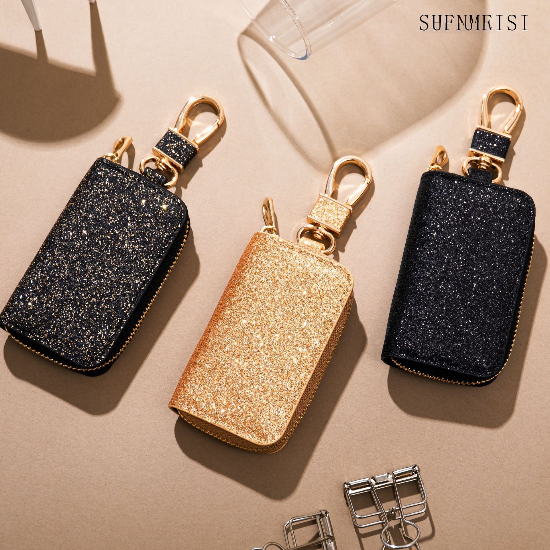 Wholesale Stylish Sequin Car Key Bag PU Leather Key Organizer Decorative Accessory For Men And Women