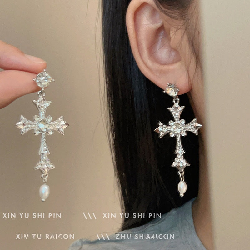 Wholesale Zircon Cross Earrings With Pearl Drop Retro Chic Everyday Wear For Women