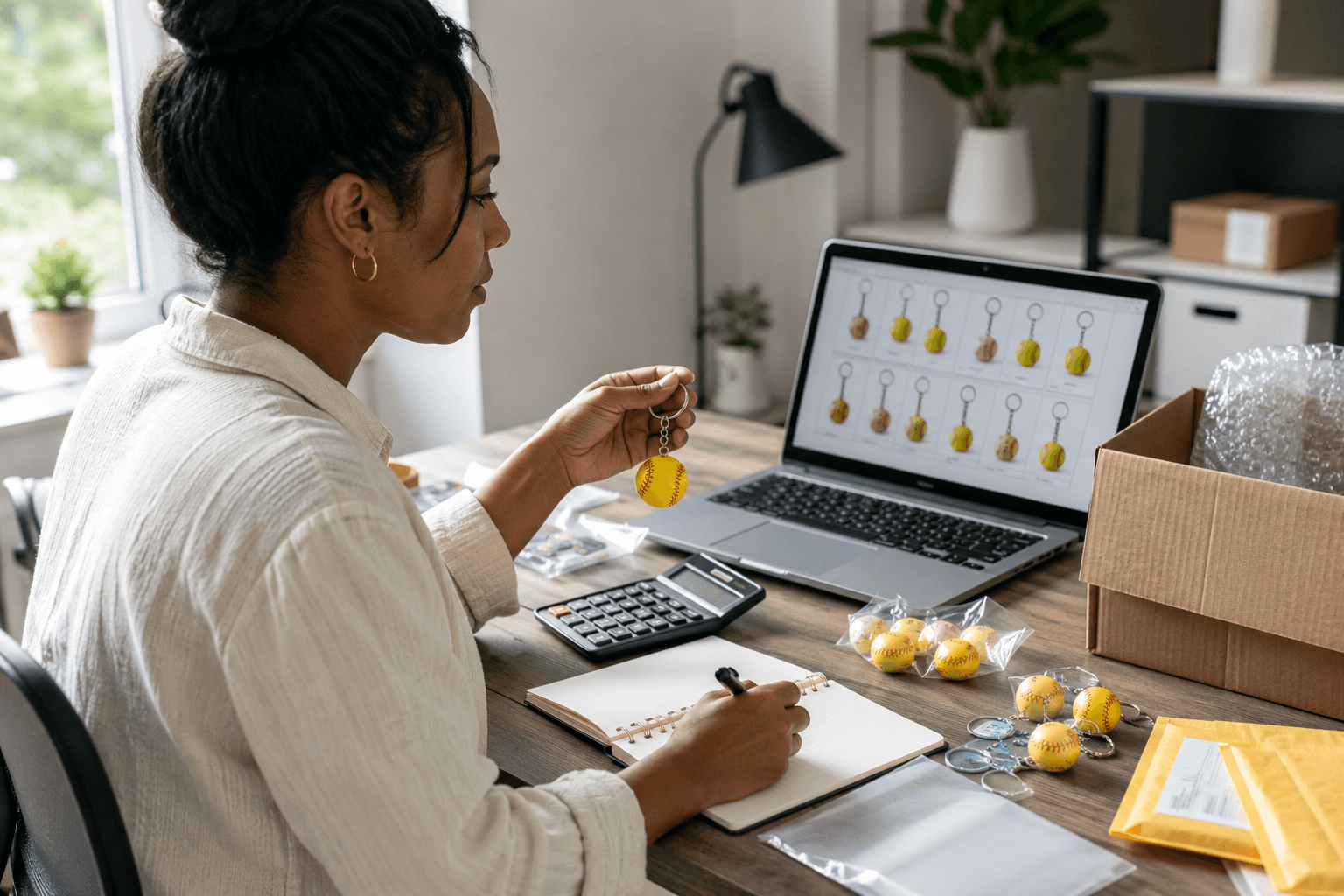 Small business owner comparing wholesale softball keychain suppliers and samples