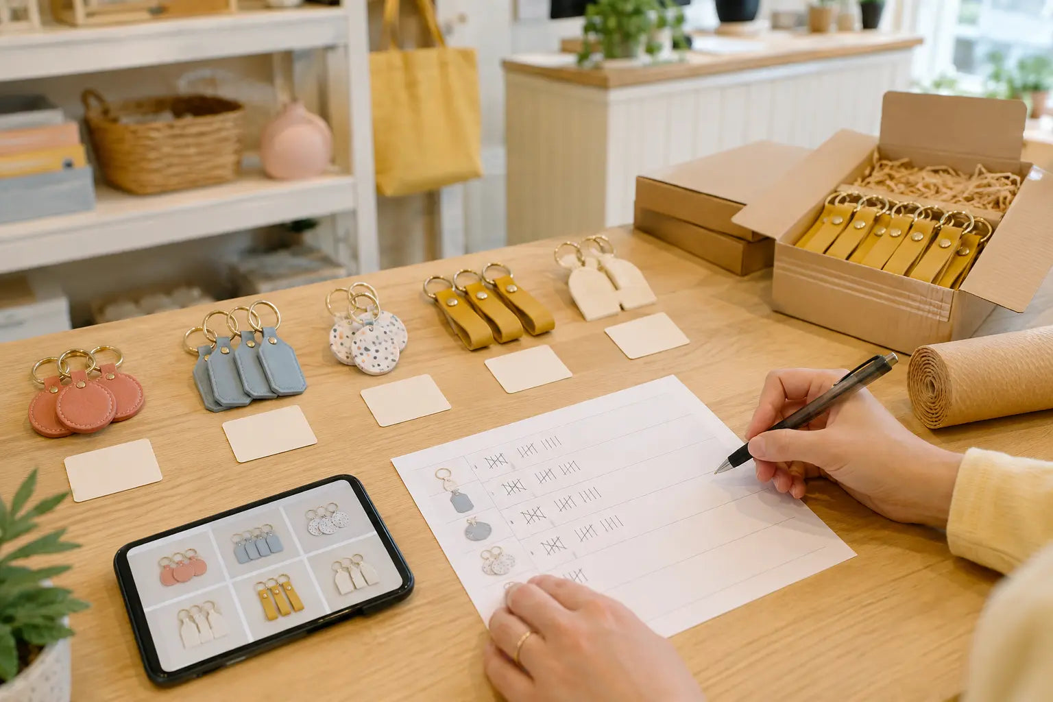 Small business testing several keychain designs before placing a larger wholesale order
