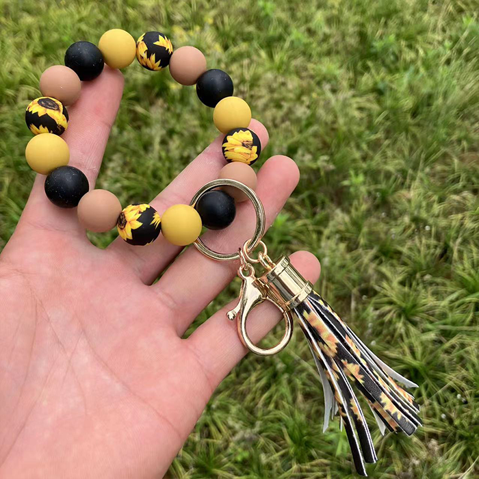 Wholesale Leopard Sunflower Tassel Silicone Beaded Wristlet Keychain