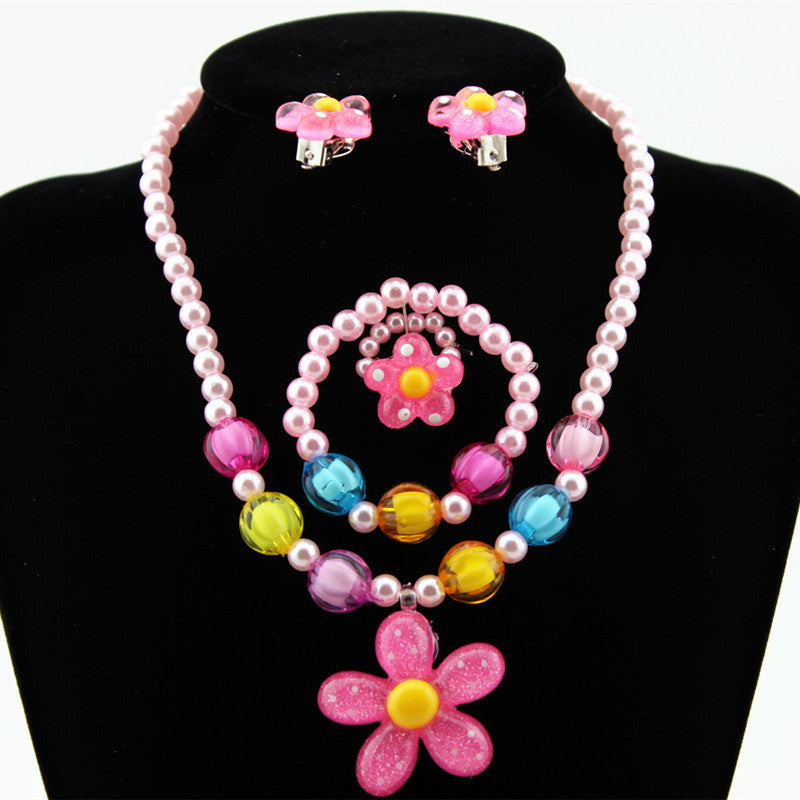 Wholesale Children's Resin Necklaces, Bracelets, Rings, Earrings Set, Plastic Flower Shaped Set ACC-NE-ShuangDe003
