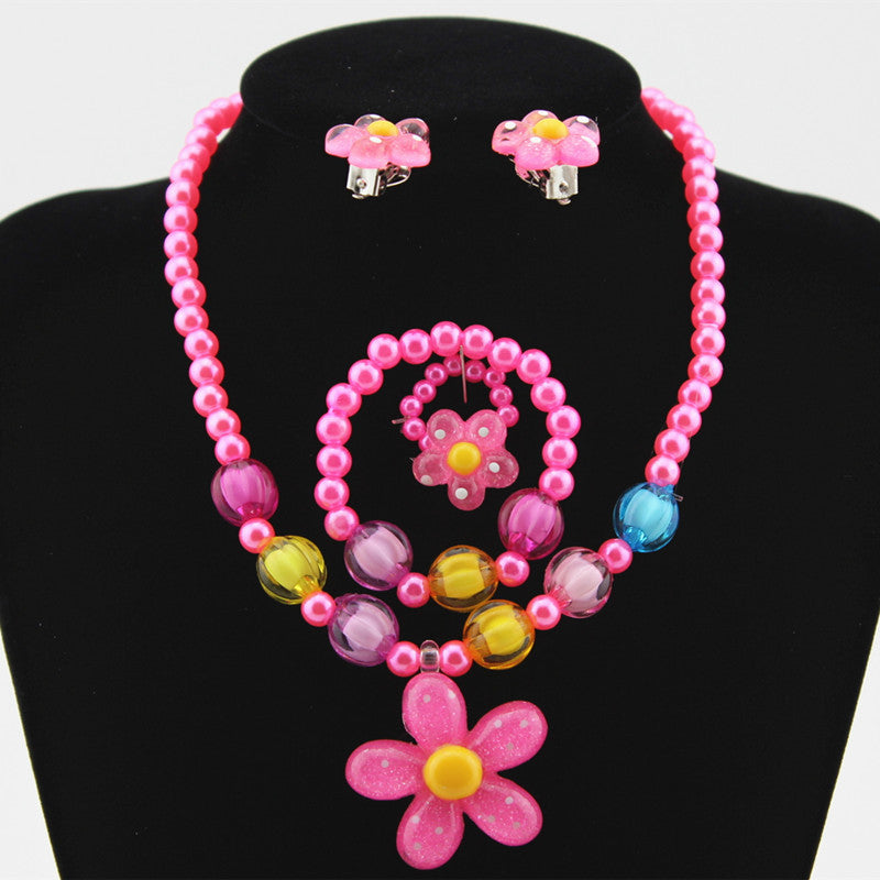 Wholesale Children's Resin Necklaces, Bracelets, Rings, Earrings Set, Plastic Flower Shaped Set ACC-NE-ShuangDe003