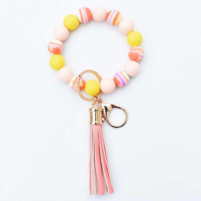 Wholesale Silicone Bead PU Tassel Wristlet Keychain