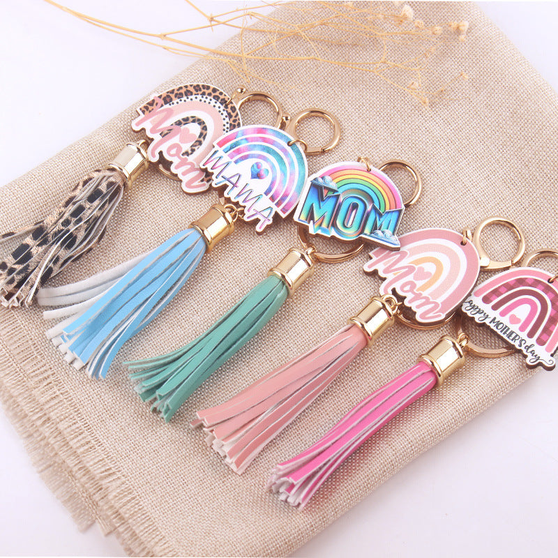 Wholesale Mother's Day Mom Pu Leather Tassel Rainbow Pendant Accessories Tassel Keychain Tassel ACC-KC-GuangTian033