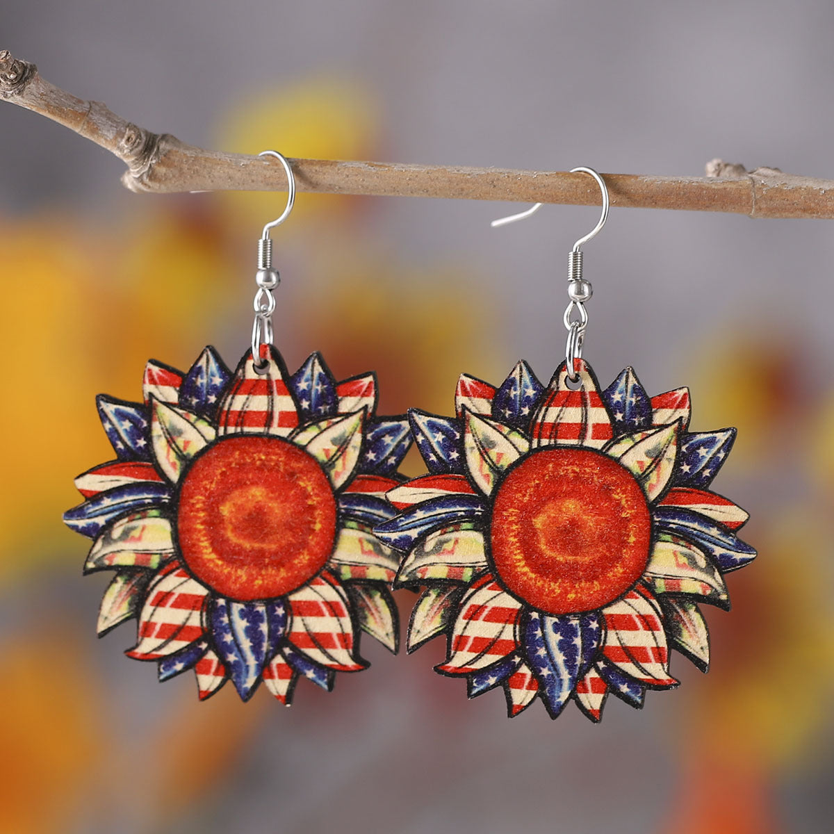 Wholesale of American Independence Day Love Star Sunflower Girl Eagle Wooden Double Sided Earrings ACC-ES-ChuLian014