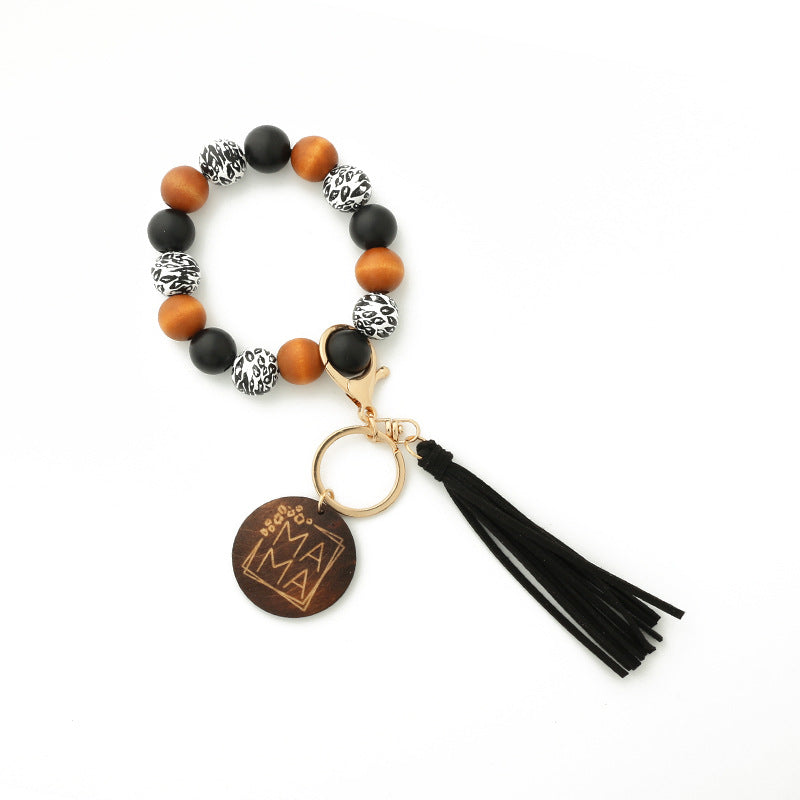 Wholesale Leopard Print Handmade Wooden Beads Tassel Wrist Keychain