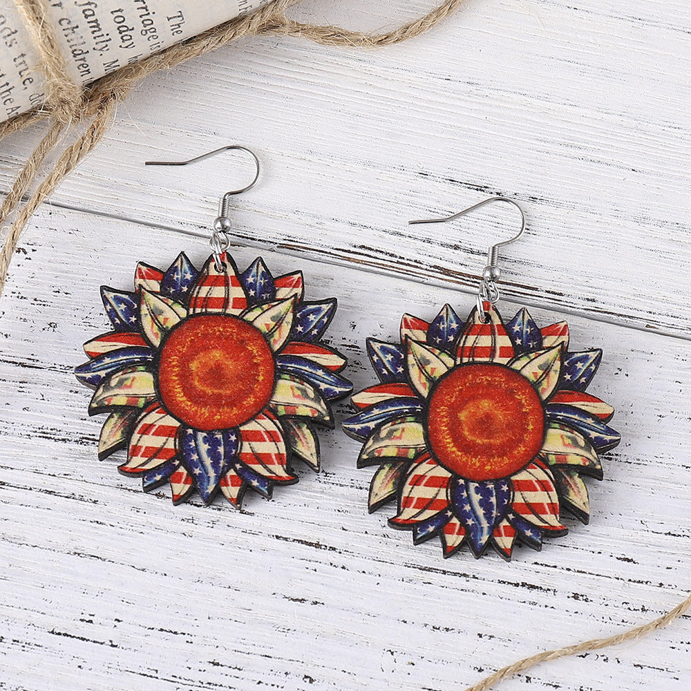 Wholesale of American Independence Day Love Star Sunflower Girl Eagle Wooden Double Sided Earrings ACC-ES-ChuLian014