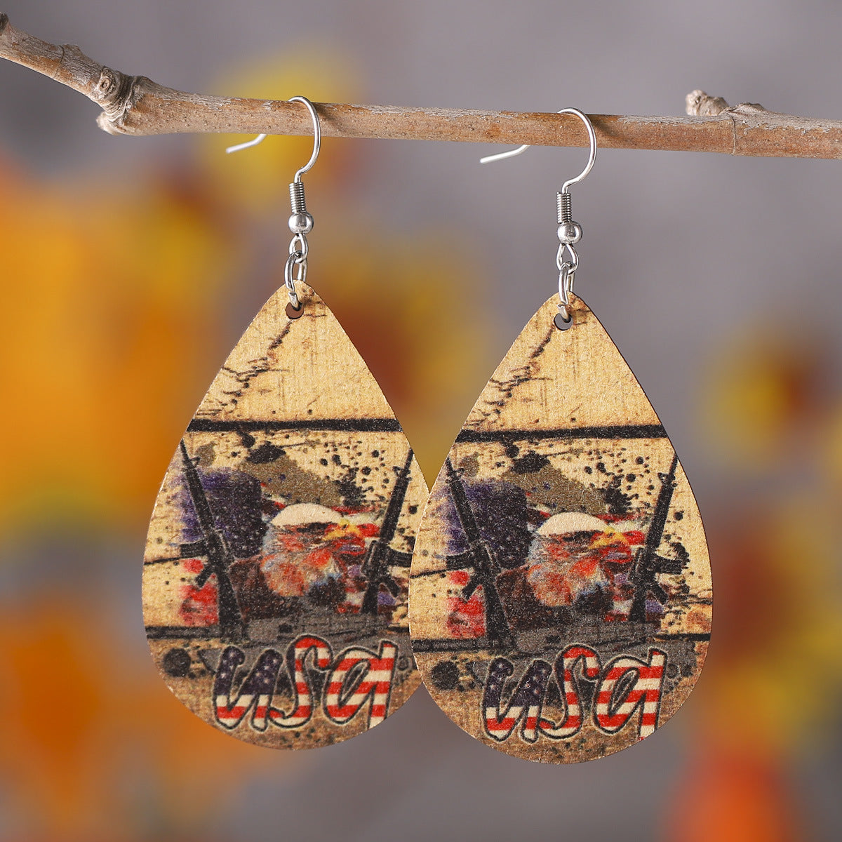 Wholesale of American Independence Day Love Star Sunflower Girl Eagle Wooden Double Sided Earrings ACC-ES-ChuLian014