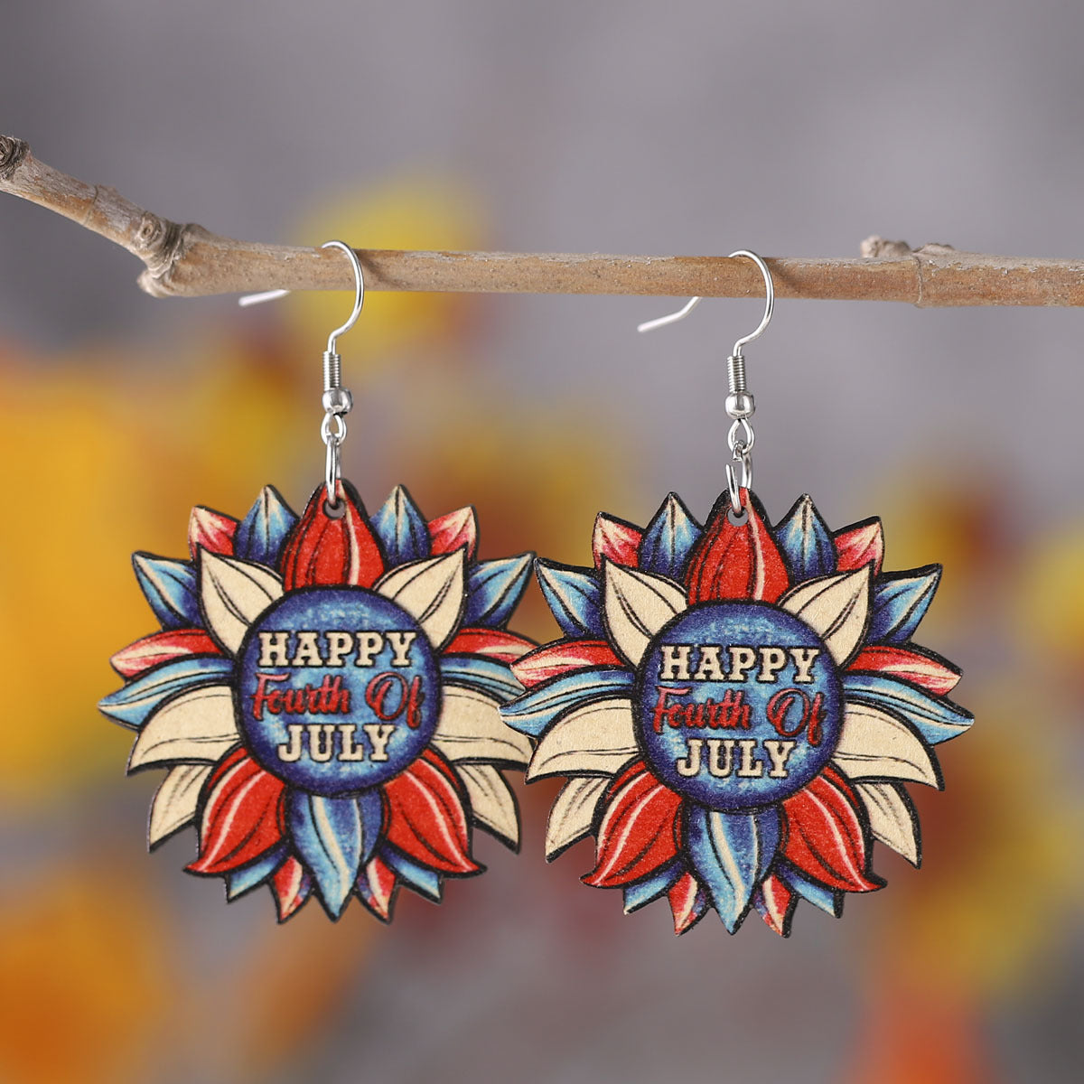 Wholesale of American Independence Day Love Star Sunflower Girl Eagle Wooden Double Sided Earrings ACC-ES-ChuLian014