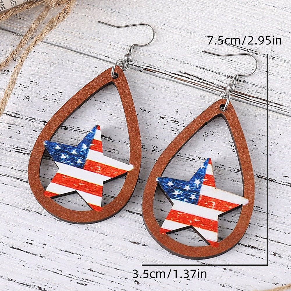 Wholesale of American Independence Day Love Star Sunflower Girl Eagle Wooden Double Sided Earrings ACC-ES-ChuLian014