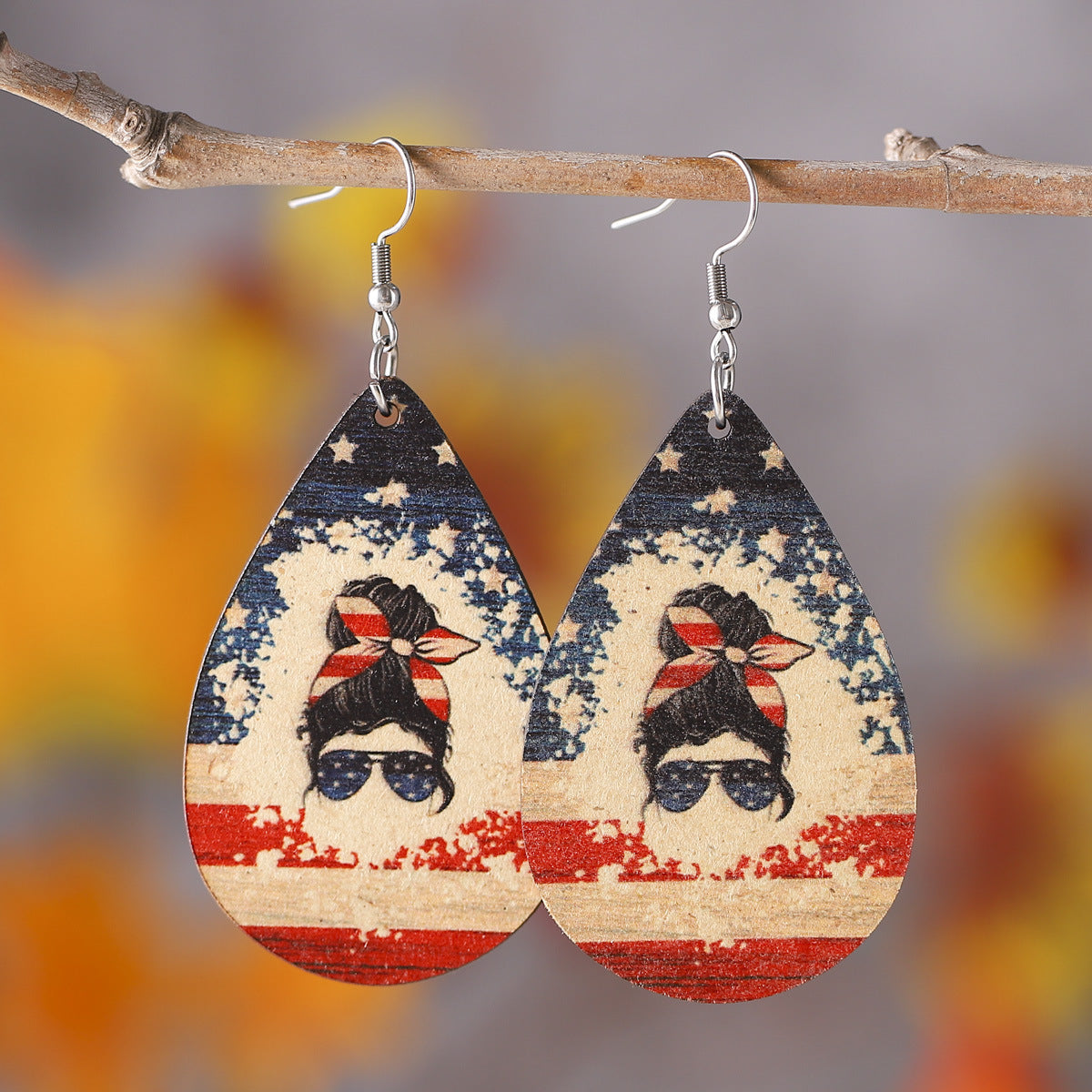 Wholesale of American Independence Day Love Star Sunflower Girl Eagle Wooden Double Sided Earrings ACC-ES-ChuLian014