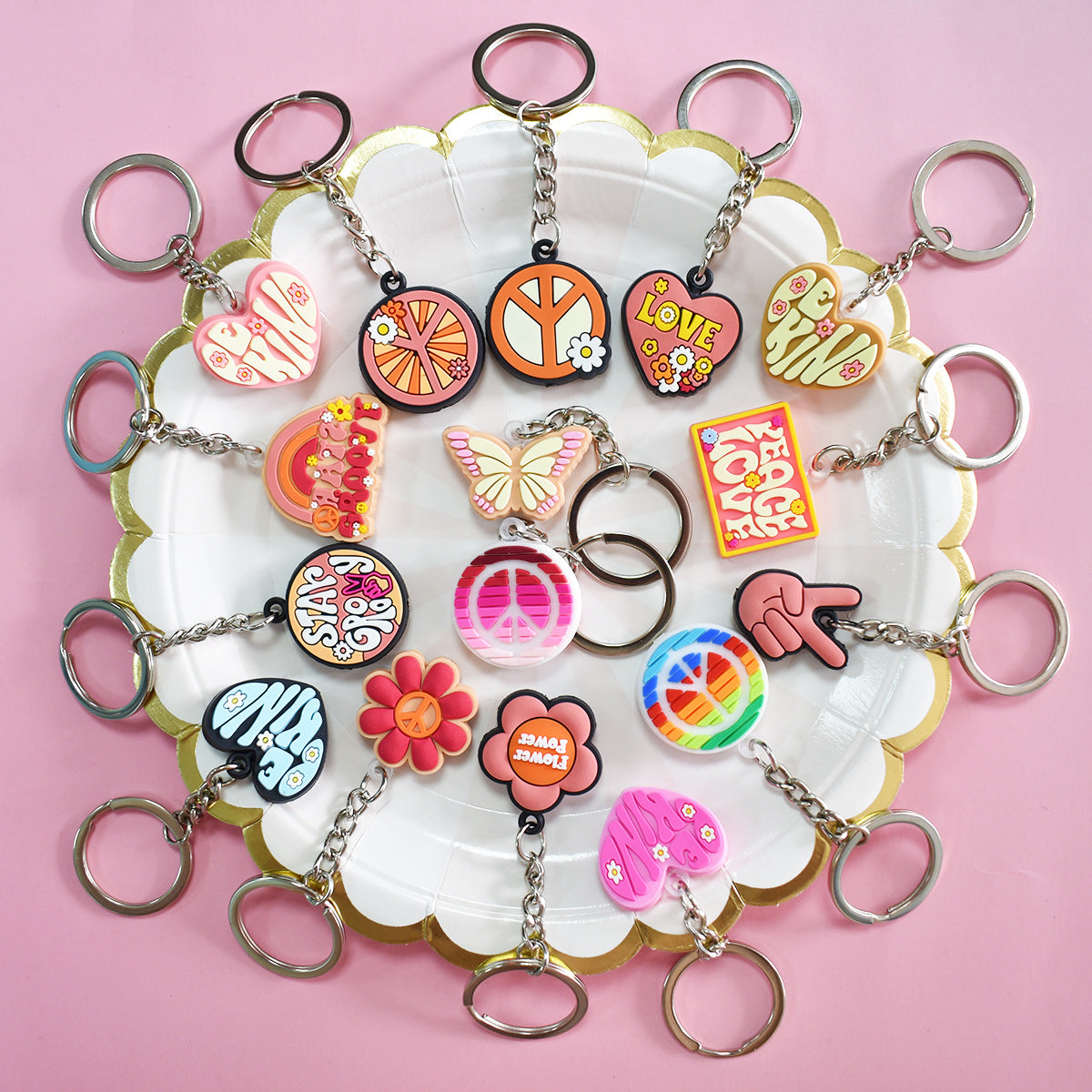 Wholesale Random 100pcs Love and Peace Love Butterfly Soft Rubber Keychains