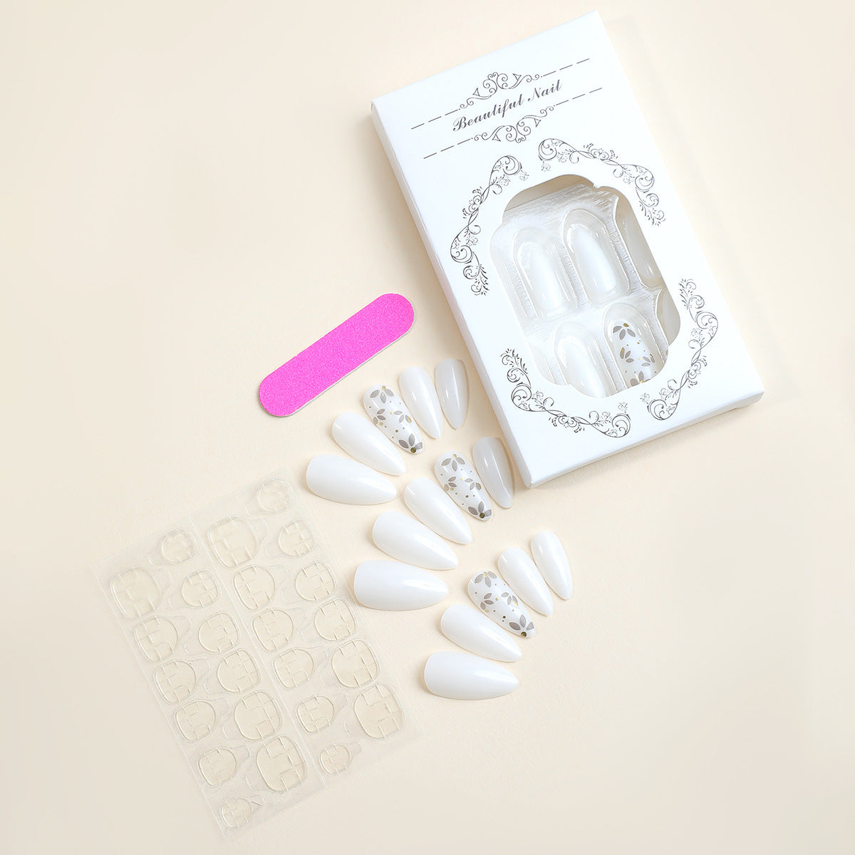 Wholesale Plastic Minimalist Flower White Press on Nails Kits 24 Pieces/box ACC-NS-HaoYi013
