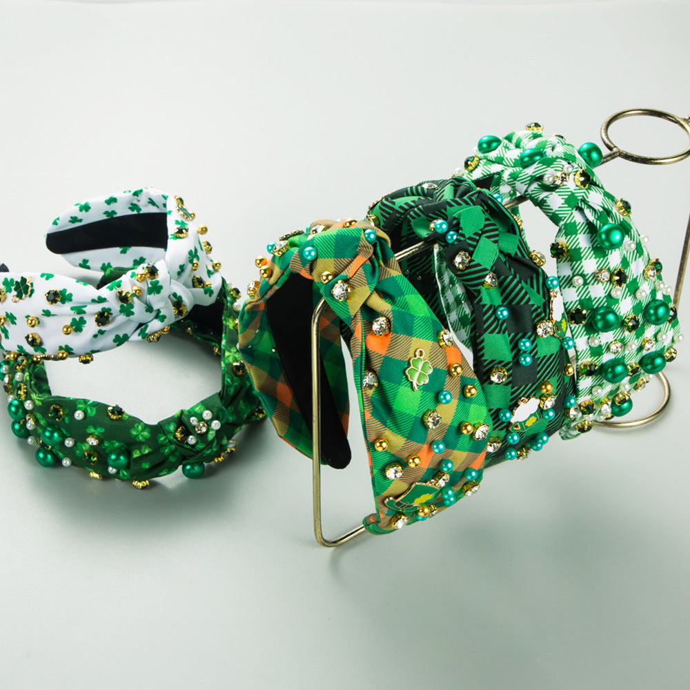 Wholesale St. Patrick's Day Plaid Fabric with Diamond Inlaid Headbands ACC-HD-HM015