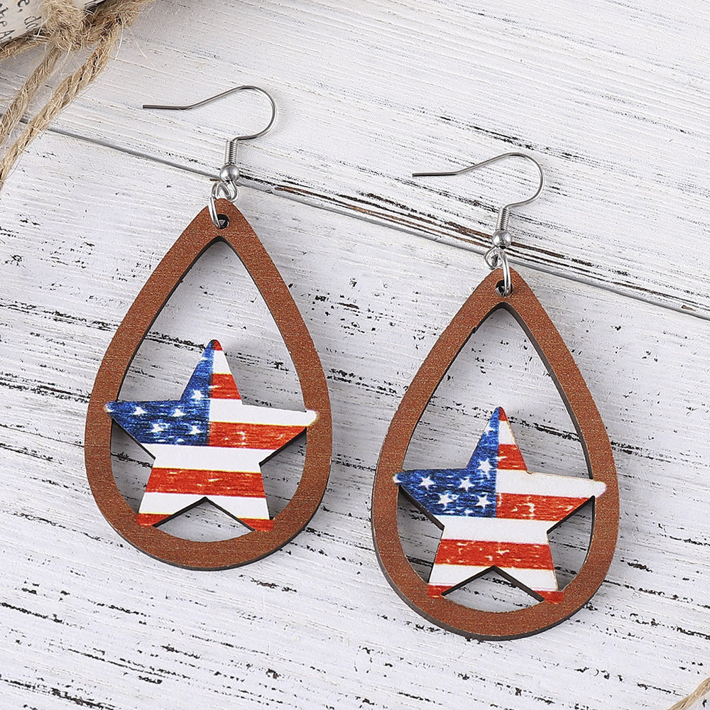 Wholesale of American Independence Day Love Star Sunflower Girl Eagle Wooden Double Sided Earrings ACC-ES-ChuLian014