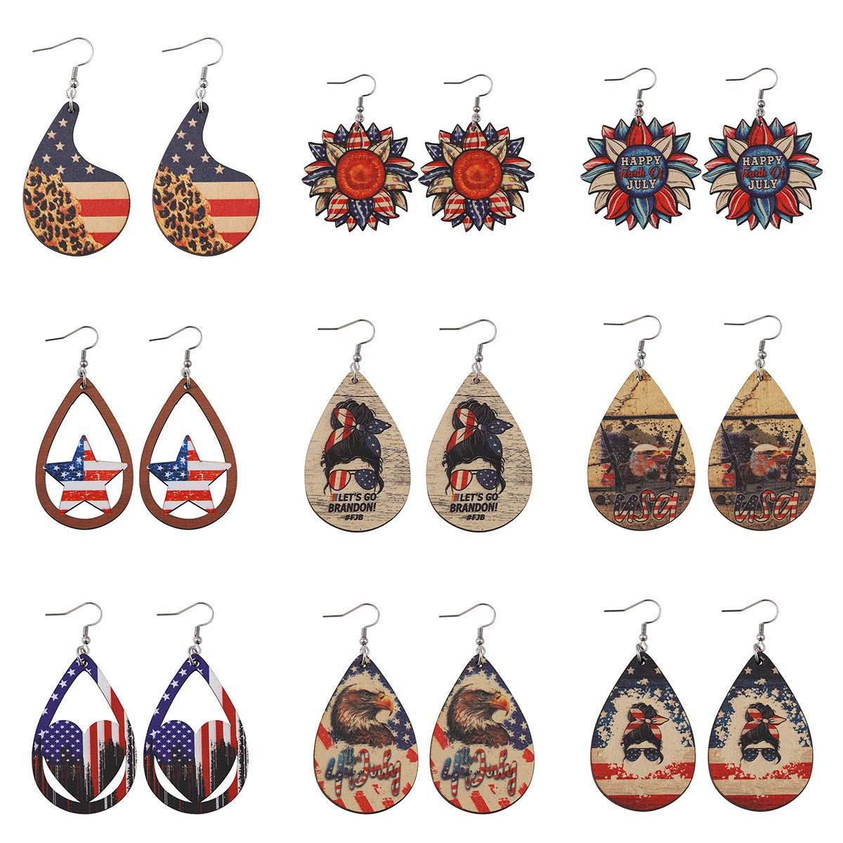Wholesale of American Independence Day Love Star Sunflower Girl Eagle Wooden Double Sided Earrings ACC-ES-ChuLian014