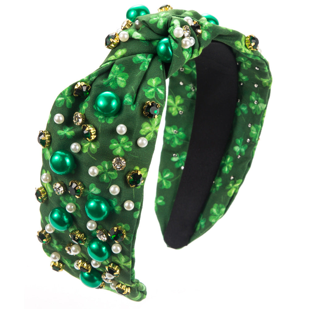 Wholesale St. Patrick's Day Plaid Fabric with Diamond Inlaid Headbands ACC-HD-HM015