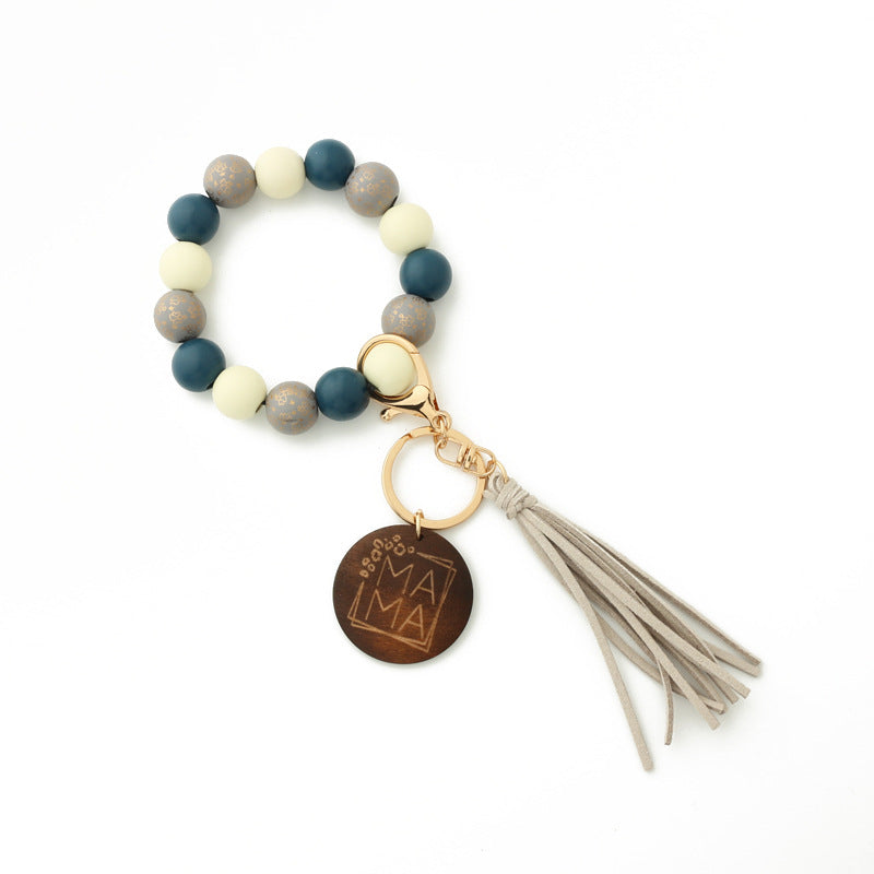 Wholesale Leopard Print Handmade Wooden Beads Tassel Wrist Keychain
