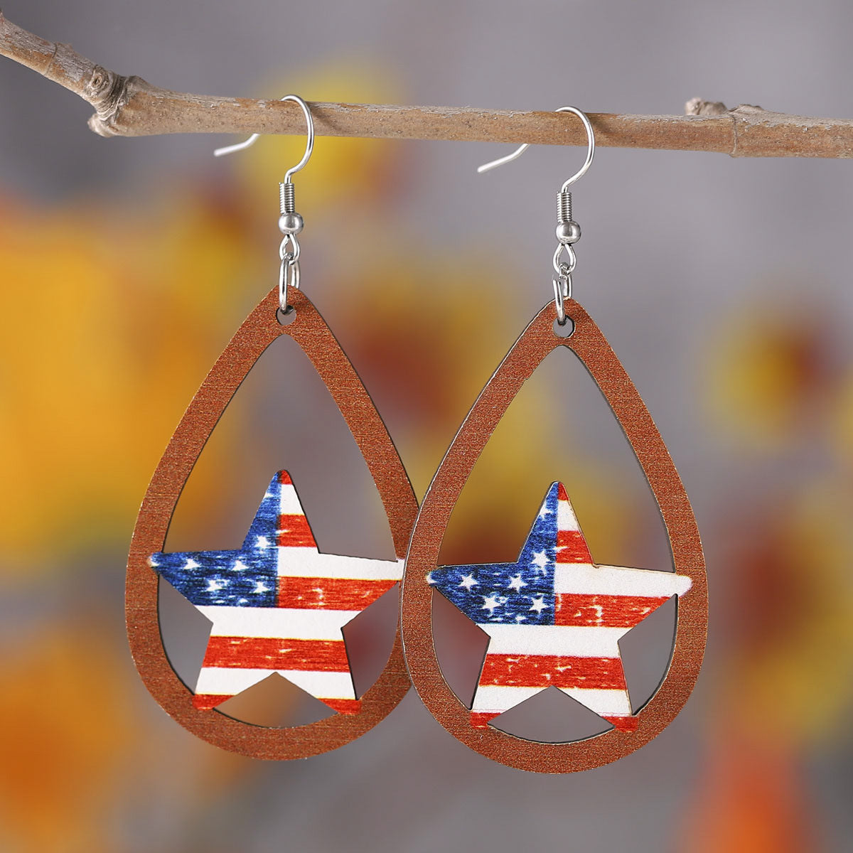 Wholesale of American Independence Day Love Star Sunflower Girl Eagle Wooden Double Sided Earrings ACC-ES-ChuLian014