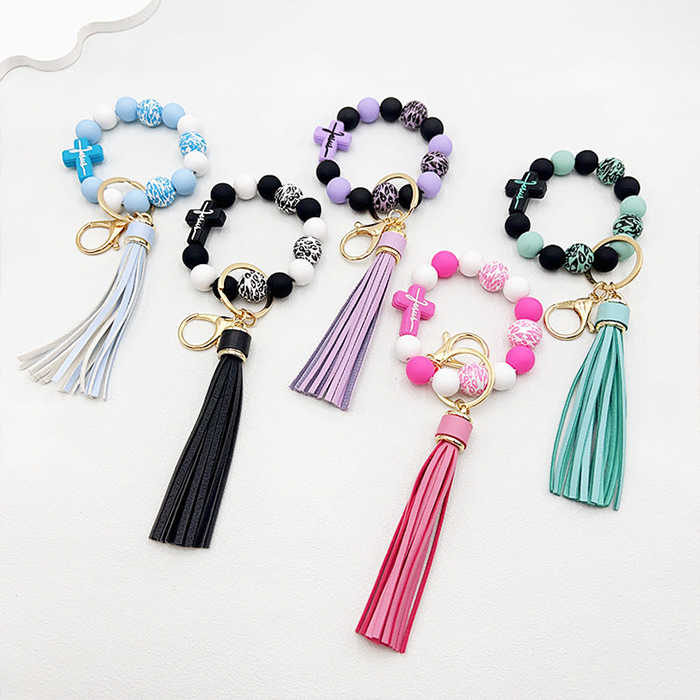 Wholesale Leopard Cross Silicone Beaded PU Tassel Wristlet Keychain